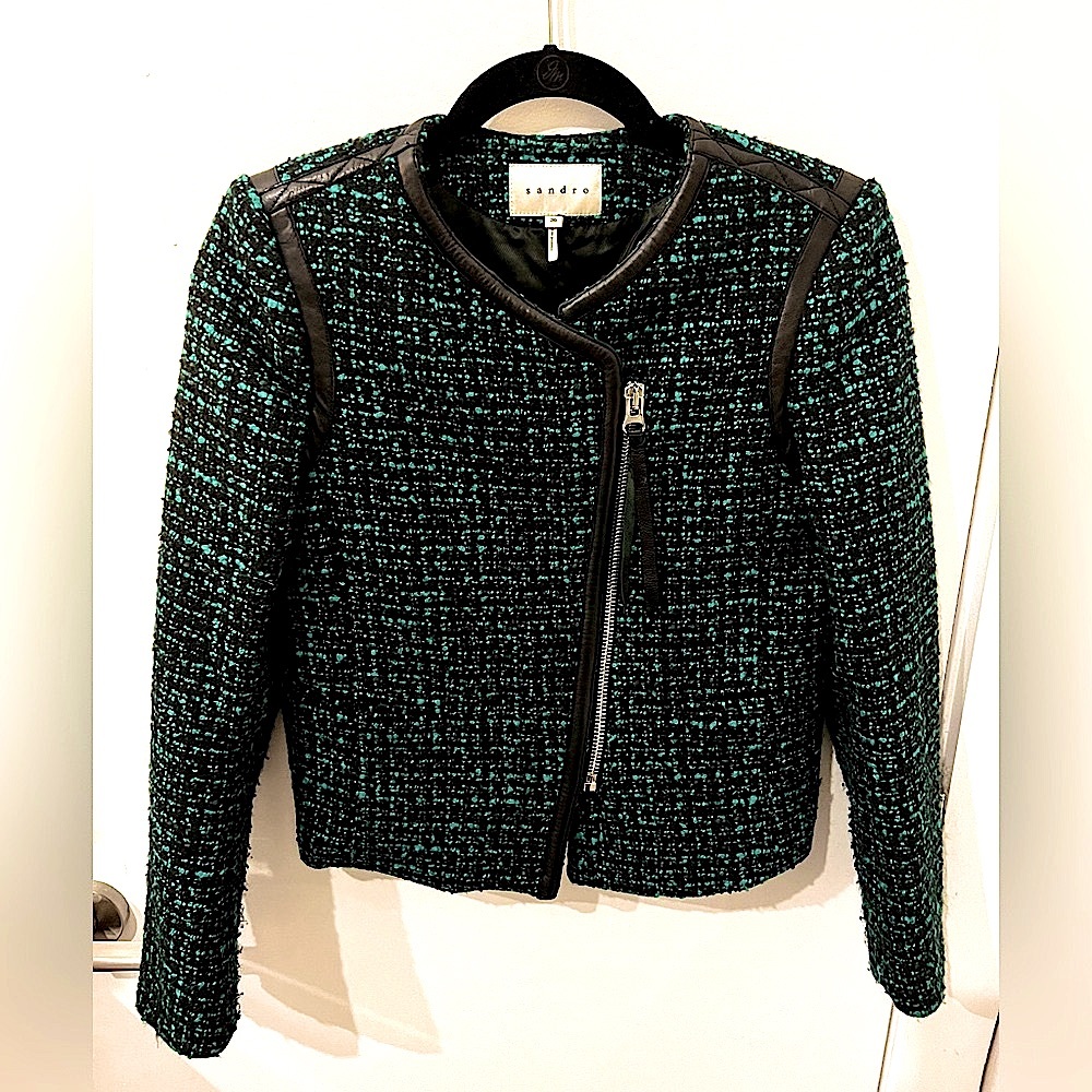 Sandro Paris Jade Green & Black Bouclé Moto Jacket, Tweed Leather Zips XS/0/EU36